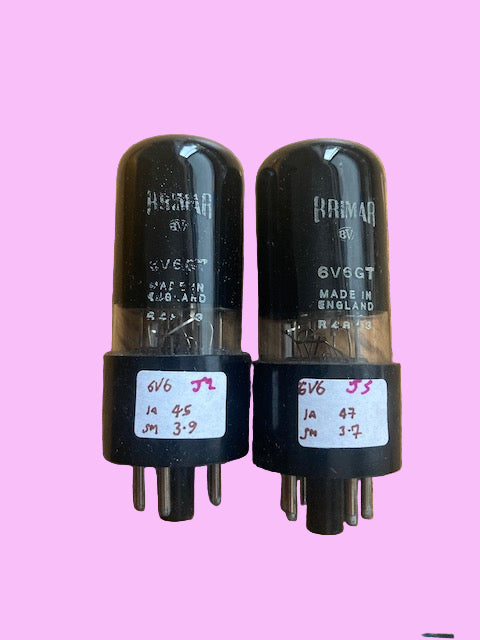 6V6GT, BRIMAR, MATCHED PAIR, BLACK GLASS, WHITE PRINT, BLACK BASE, SAME FACTORY CODE, 1A0 422,STC FOOTSCRAY JANUARY 1950 PRODUCTION, 6V6