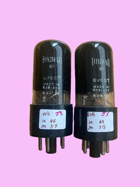 6V6GT, BRIMAR,  MATCHED PAIR, BLACK GLASS, WHITE PRINT, BLACK BASE, SAME FACTORY CODE, 1A0 422,STC FOOTSCRAY JANUARY 1950 PRODUCTION,  6V6