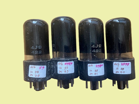 6V6GT, BRIMAR,  MATCHED QUAD, BLACK GLASS, BLACK BASE WITH WHITE PRINT, SAME FACTORY CODE, 4J9 422, STC FOOTSCRAY OCTOBER 1959 PRODUCTION  6V6