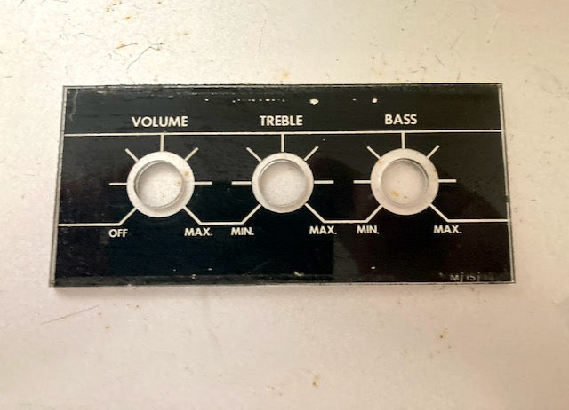 PERSPEX, REAR PRINTED, AMPLIFIER CONTROL PLATE, BASS, TREBLE, VOLUME,  140 X 63mm. , EX EQUIPT