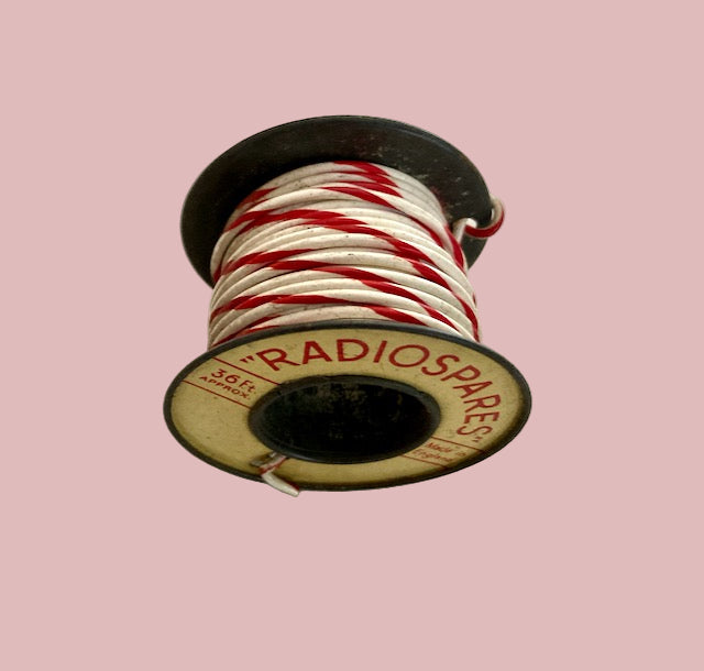 RS, RADIOSPARES, RED/WHITE STRIPE, STRANDED WIRE, 36 FT, 2 INS DIA TIN REEL, PART USED AS SHOWN
