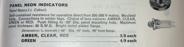 3X 1960s RS, Radiospares, Neon Indicator, 240 V, Wire Leaded, Red, Ex Equipt.