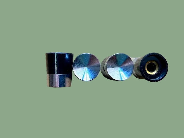CONCAVE CHROME TOP KNOB, BLACK LOWER PORTION, BUSHED, 21mm DEPTH, 15mm DIA, 6mm SHAFT,