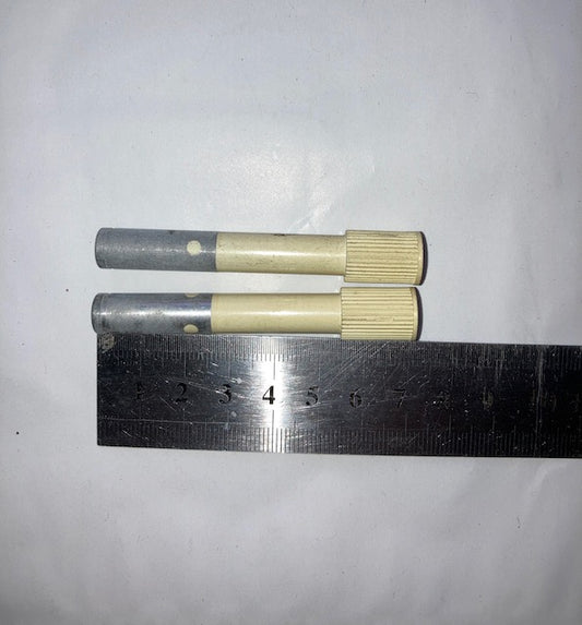 PAIR, 2X, RIBBED, WHITE KNOB, LONG SHANKED, POSSIBLE GEC BRAUN TV, 65mm DEPTH,