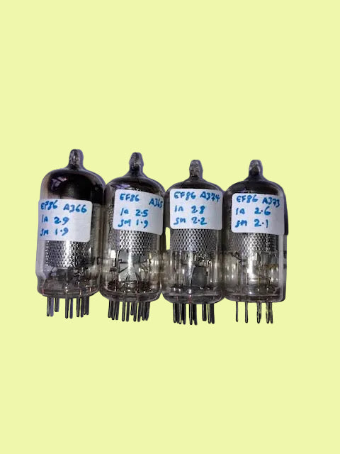 EF86, MULLARD, OLD SHIELD MATCHED QUAD, PIN MESH, WHITE PRINT,