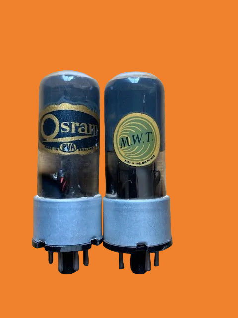 L63, OSRAM, MARCONI WIRELESS TELEGRAPH, MWT,, MATCHED PAIR, GREY GLASS, METAL BASE OVERCAP, LONG ENVELOPE, 6J5GT, CV1934, HAMMERSMITH SEPTEMBER 1952/3 PRODUCTION,