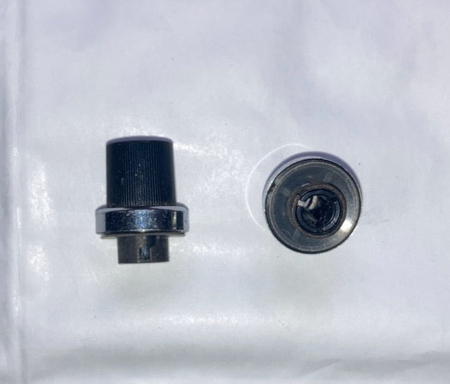 PAIR, 2X, COMMUNICATIONS TRANSCEIVER STYLE KNOBS, BLACK WITH CHROME BASE RING, CLIP D SHAFT 6mm, 20mm HEIGH, 20mm DIA., SUIT YAESU, ICOM OR SIMILAR