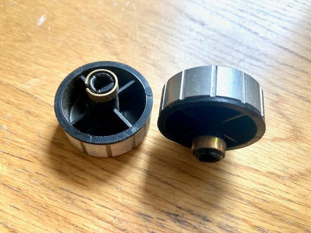 BLACK, CHROME EDGED, KNOB, THOUGHT TO BE CAR RADIO, MAYBE RADIOMOBILE, PEAKED, , 6mm D SHAFT, 14mm HEIGHT, 35mm DIA.