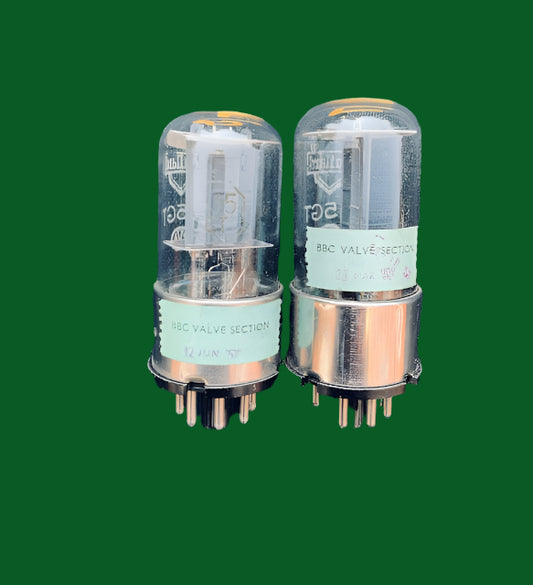 6J5GT, MULLARD, AMERTY, CV1067,  MATCHED PAIR, WHITE OLD SHIELD PRINT, METAL OVERCAP, ex BBC VALVE STORES, DATED 1957