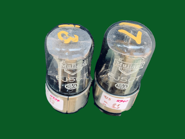 6J5GT, MULLARD, AMERTY, CV1067,  MATCHED PAIR, WHITE OLD SHIELD PRINT, METAL OVERCAP, ex BBC VALVE STORES, DATED 1957