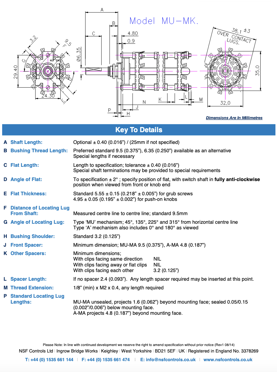 NSF, Rotary Switch Shaft Assembly , or use with MU-MK Series, Makaswitch, RS Stock No. 327-894, Mfr. Part No. MU454488FPA(MK)