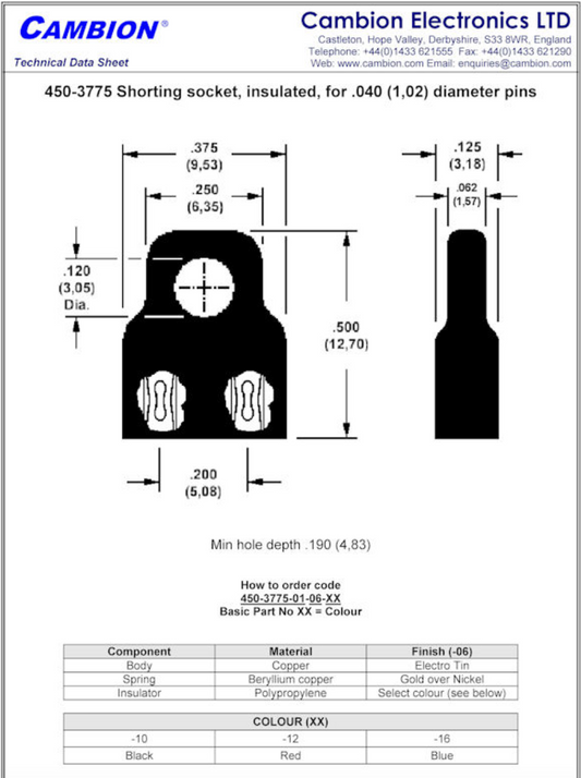 Cambion, 450-3775-01-06-16, Shorting Link, Socket, Blue, 0.190" Deep, Copper