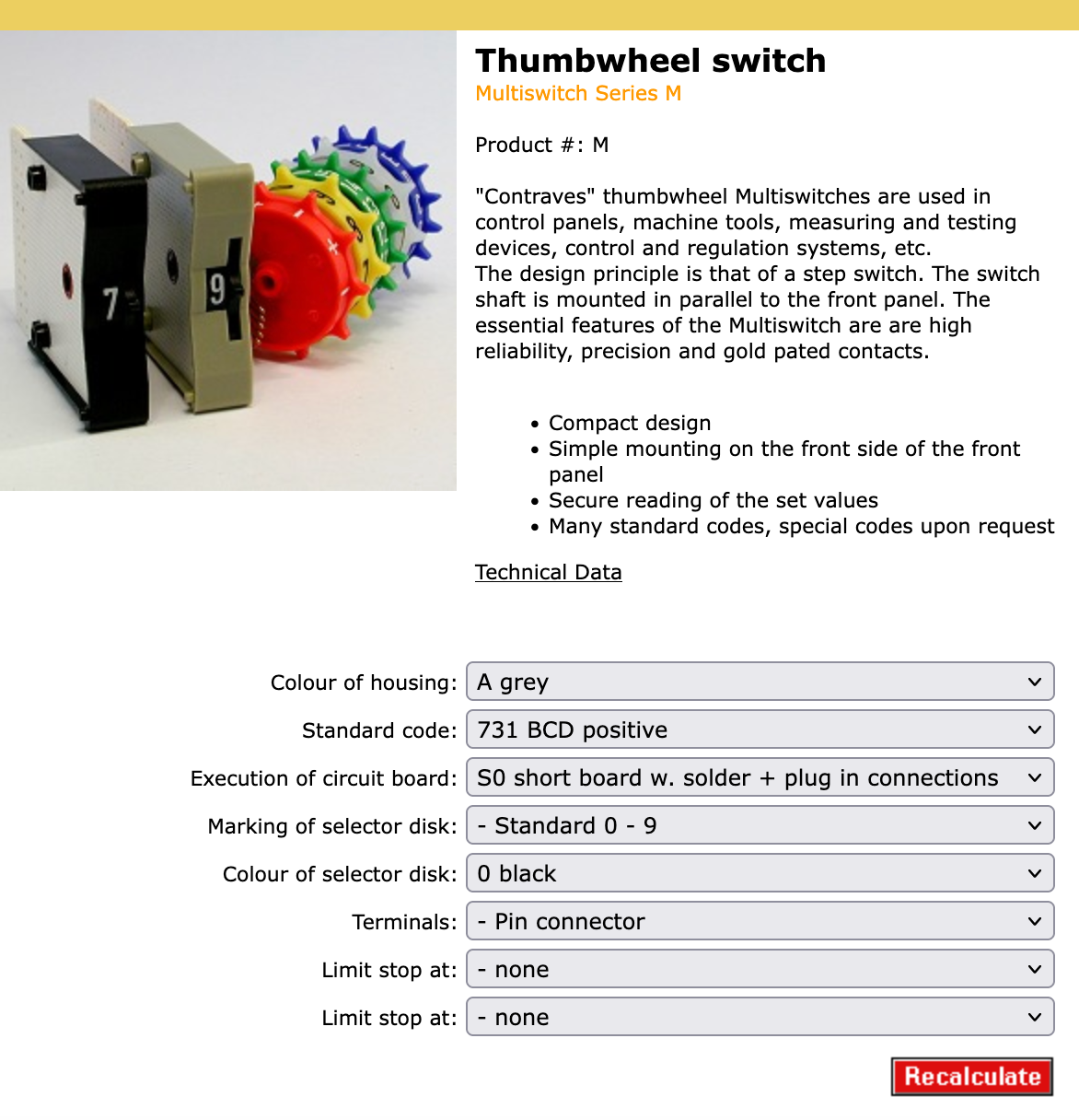 CONTRAVES, SWISS, THUMB WHEEL SWITCH BLOCK, MULTISWITCH SERIES M, 8 X 33mm, 1 WAY, 0 - 9 POSITION, M161S SWITCH MODULES NEW UNUSED