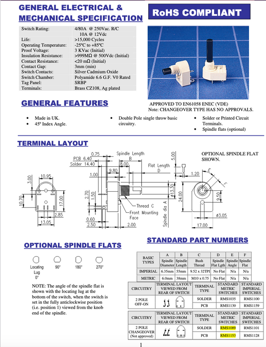 2 Position, DPST, Rotary Switch, 4 A @ 250 V AC, RS 316-800, LORLIN RMS1016