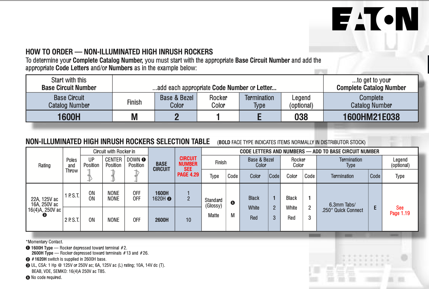 Eaton, Rocker Switch, 2600HM11E760, DPST, 16A, 250V, BLACK, NOS