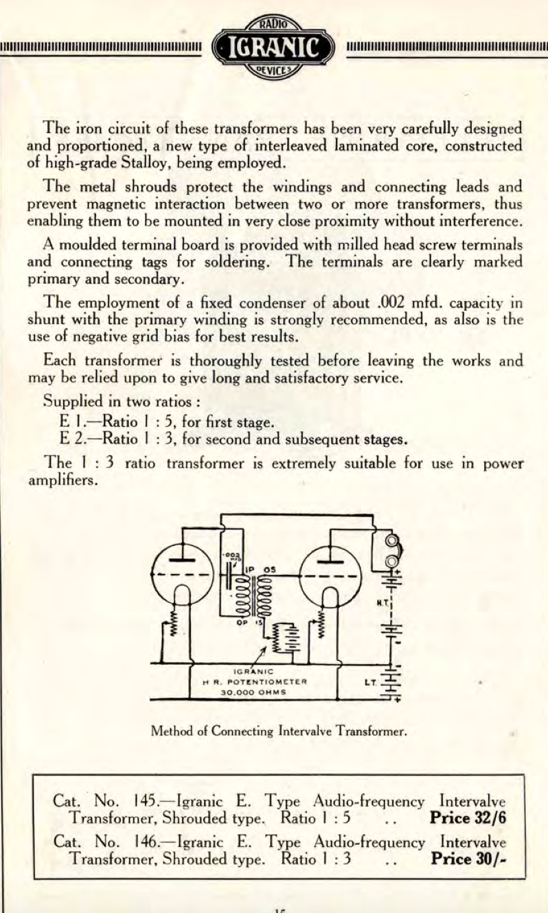 IGRANIC, TYPE E , AUDIO FREQUENCY INTER VALVE TRANSFORMER, RATIO 5:1, CAT No. 146 Dated 1925