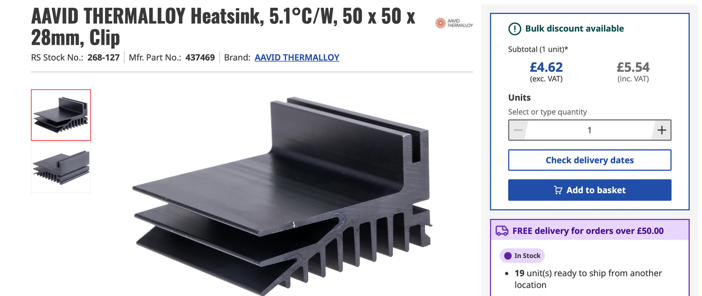 RADIOSPARES, KL50-1, 50mm, KL SERIES HEATSINK, RS 268-127, NOS
