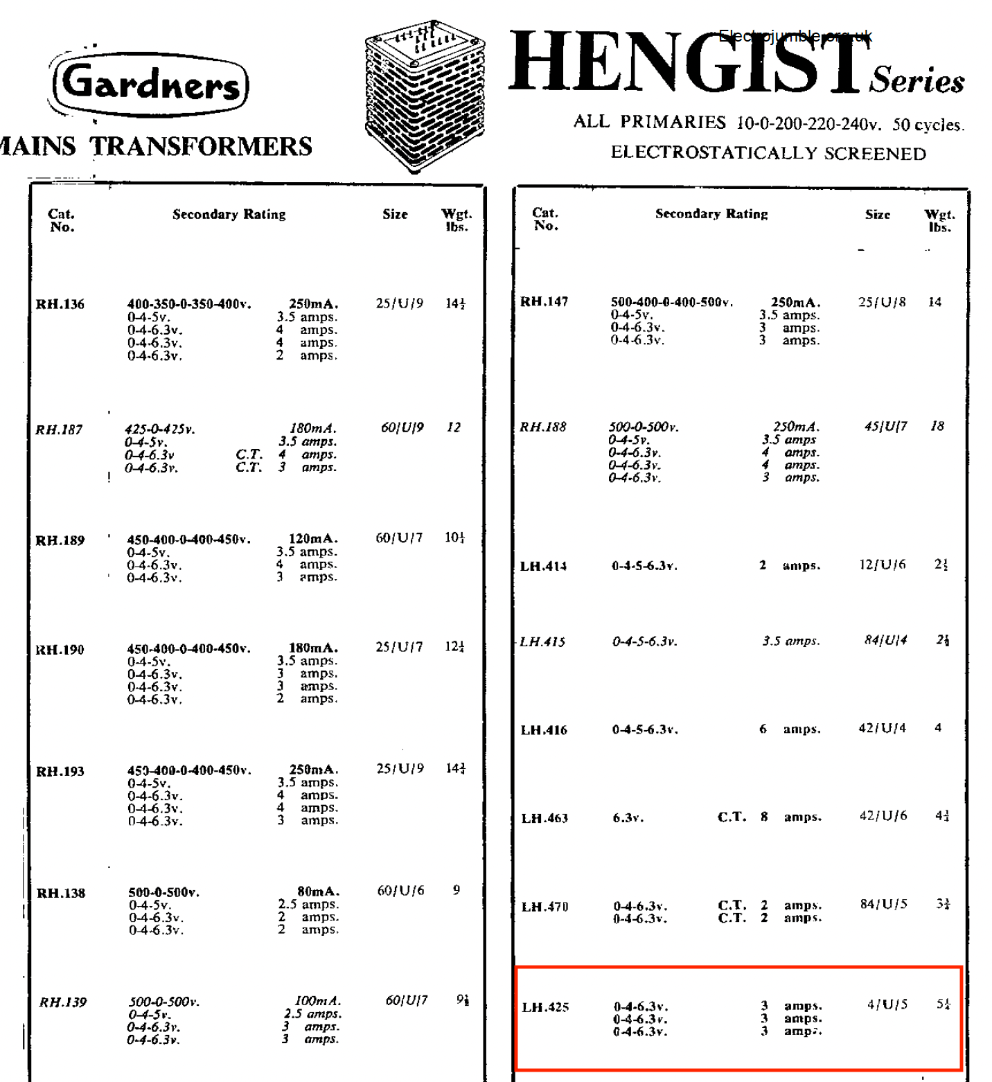 GARDNERS, LH425, HENGIST, FILAMENT TRANSFORNMER, PRIM, 0-200-220-240V, SEC, 3X 0-4-6.3V @ 3A