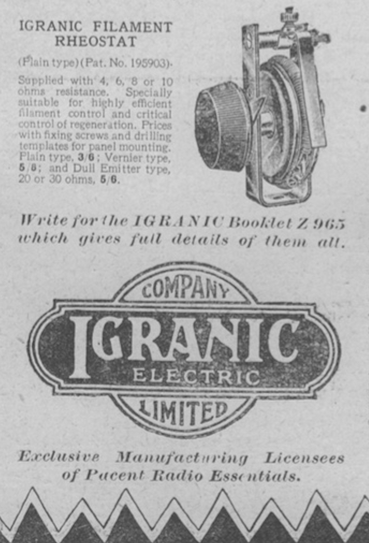 IGRANIC,FILAMENT RHEOSTAT, 1922 CATALOGUE
