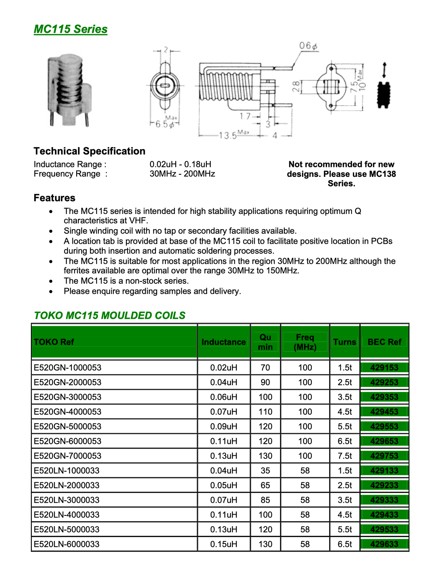 Toko, MC115, 10 mm Tunable RF Inductors, Closewound, 35-52423, 0.1uH, ,bag of 5