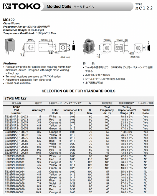 Toko, MC122, 10 mm Tunable RF Inductors, Closewound, 35-10666, 170nH, 100Q@50nM, 5.5T, bag of 20