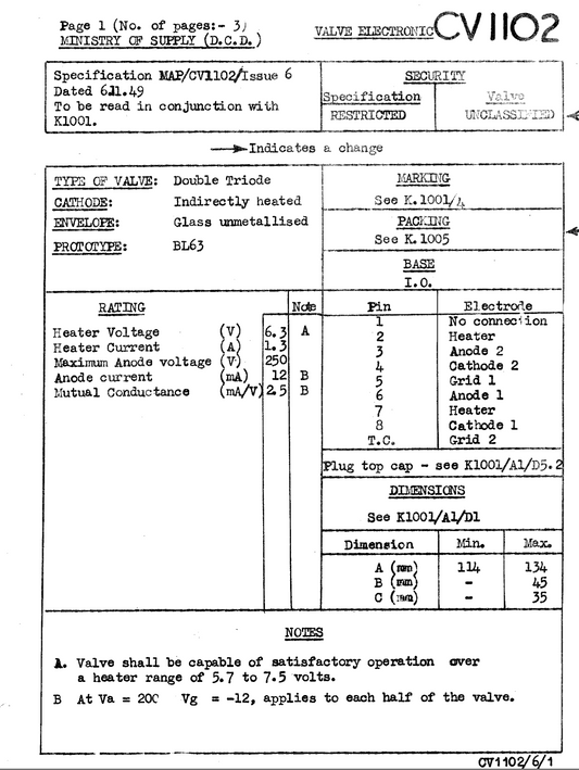 BL63, OSRAM, , CV1102, VR102, 10E/279, MIL SPEC, BL63, AUDIO TRIODE,  GEC SHAW, PRE-1948 MANUFACTURE, AS  USED IN R1155,