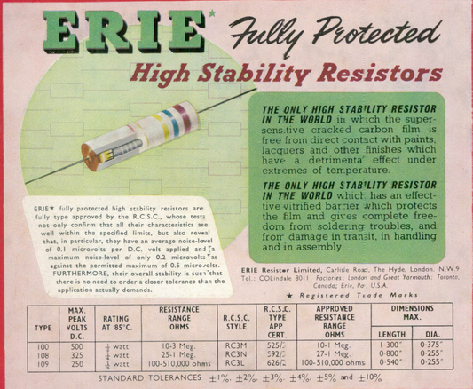 100R, 0.125W, Erie, Type 109, Carbon Resistors, High Stability,