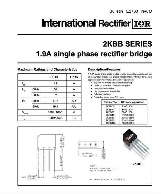 2KBB10, Bridge Rectifier, International Rectifier,  100V @ 1.9A, SIL-4, Leads 0.9mm on a 2.5mm pitch, Pack of 5x recovered devices