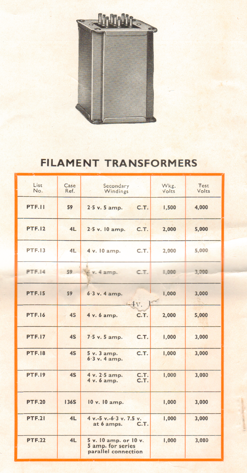 WODEN, FILAMENT TRANSFORMER, PTF15, 6.3V @4A