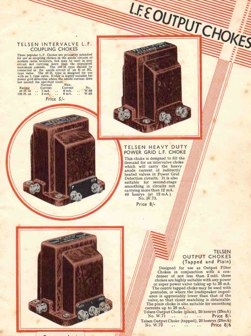 TELSEN, BAKELITE CASED, PENTODE OUTPUT CHOKE, 50/25H @ 20mA, 1931