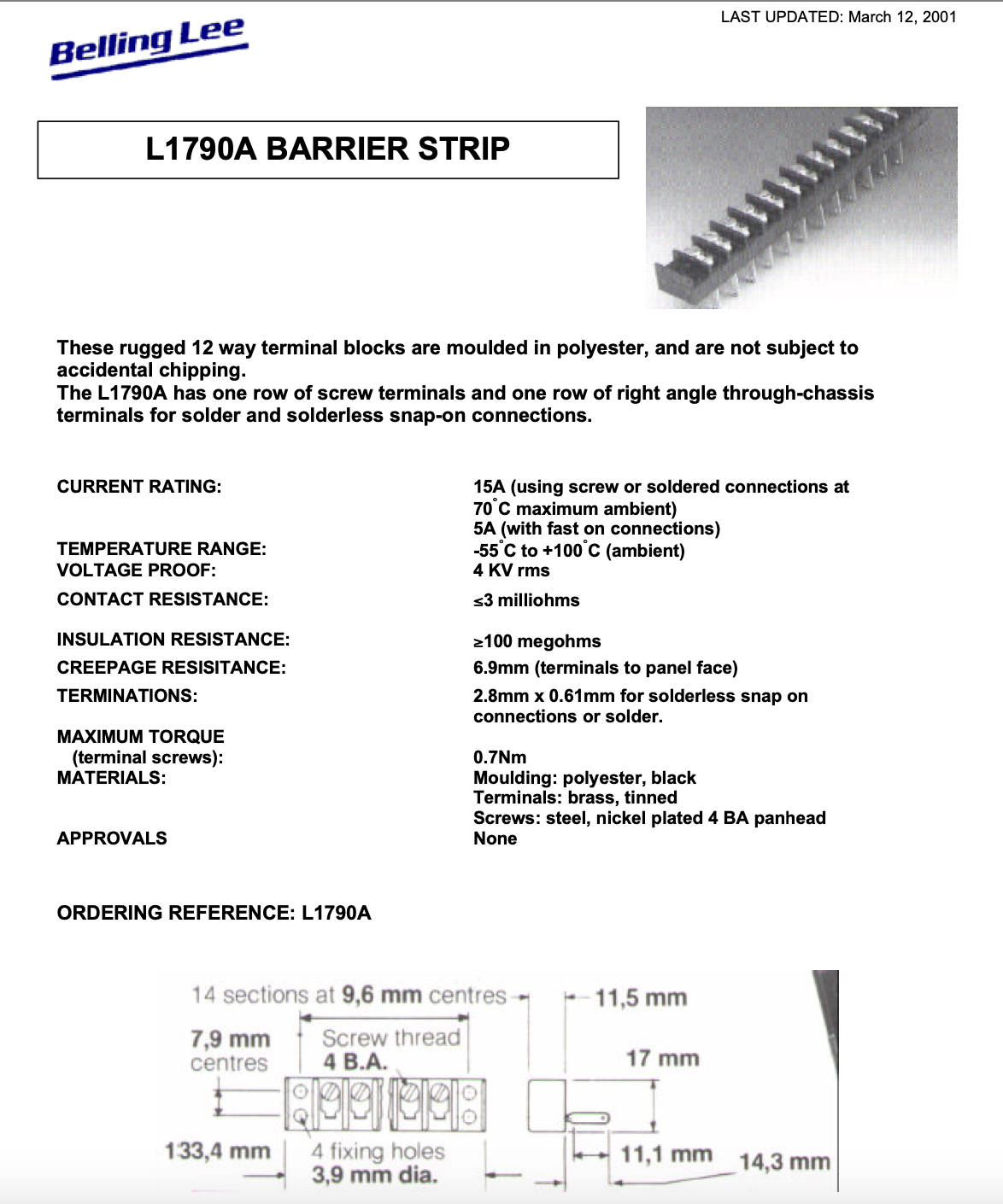 Belling Lee, L1790A Terminal Block, Barrier Strip, 12 way, NOS