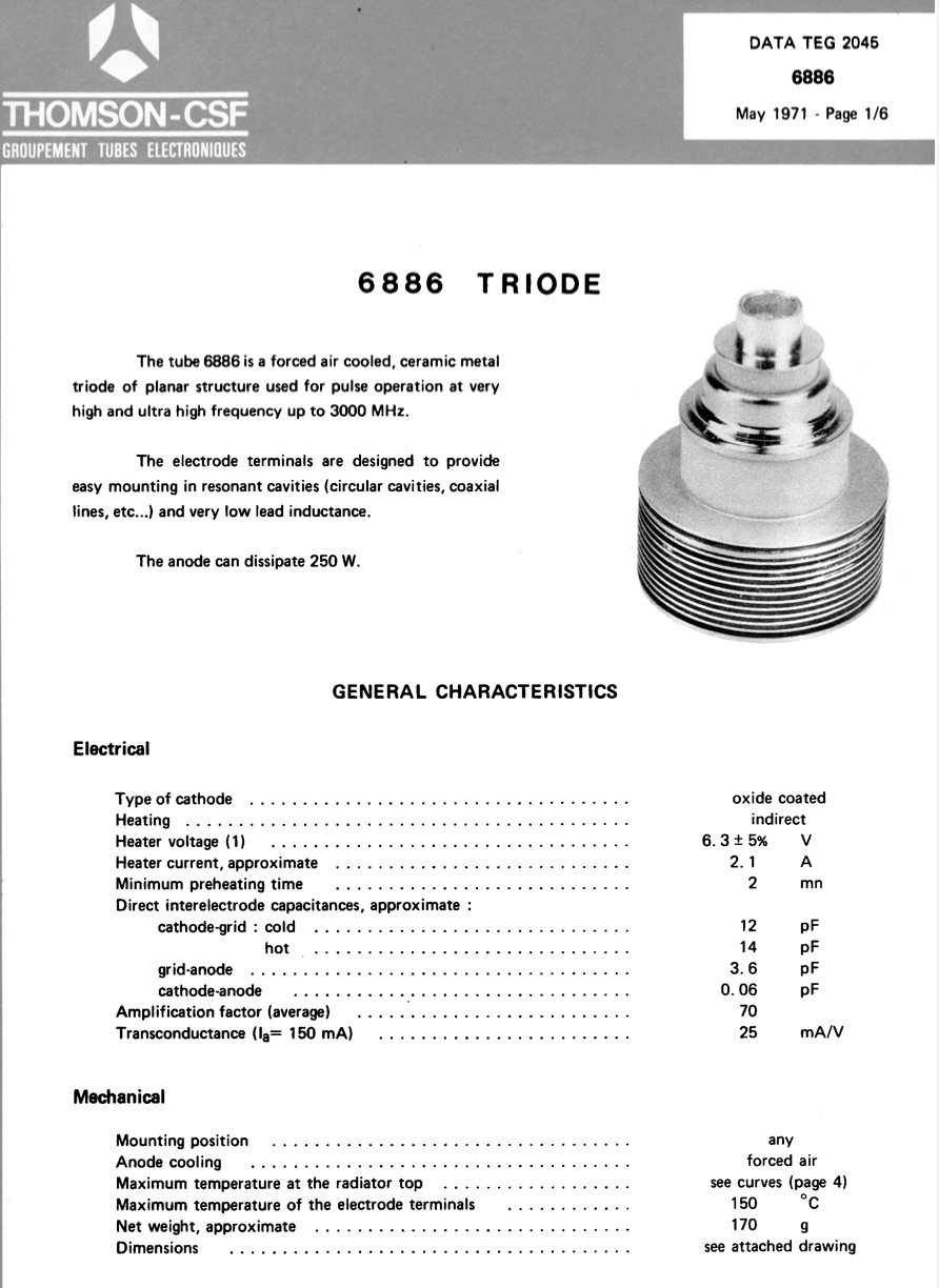 8668, THOMSON-CSF, 250W PLANAR TRIODE, NOS