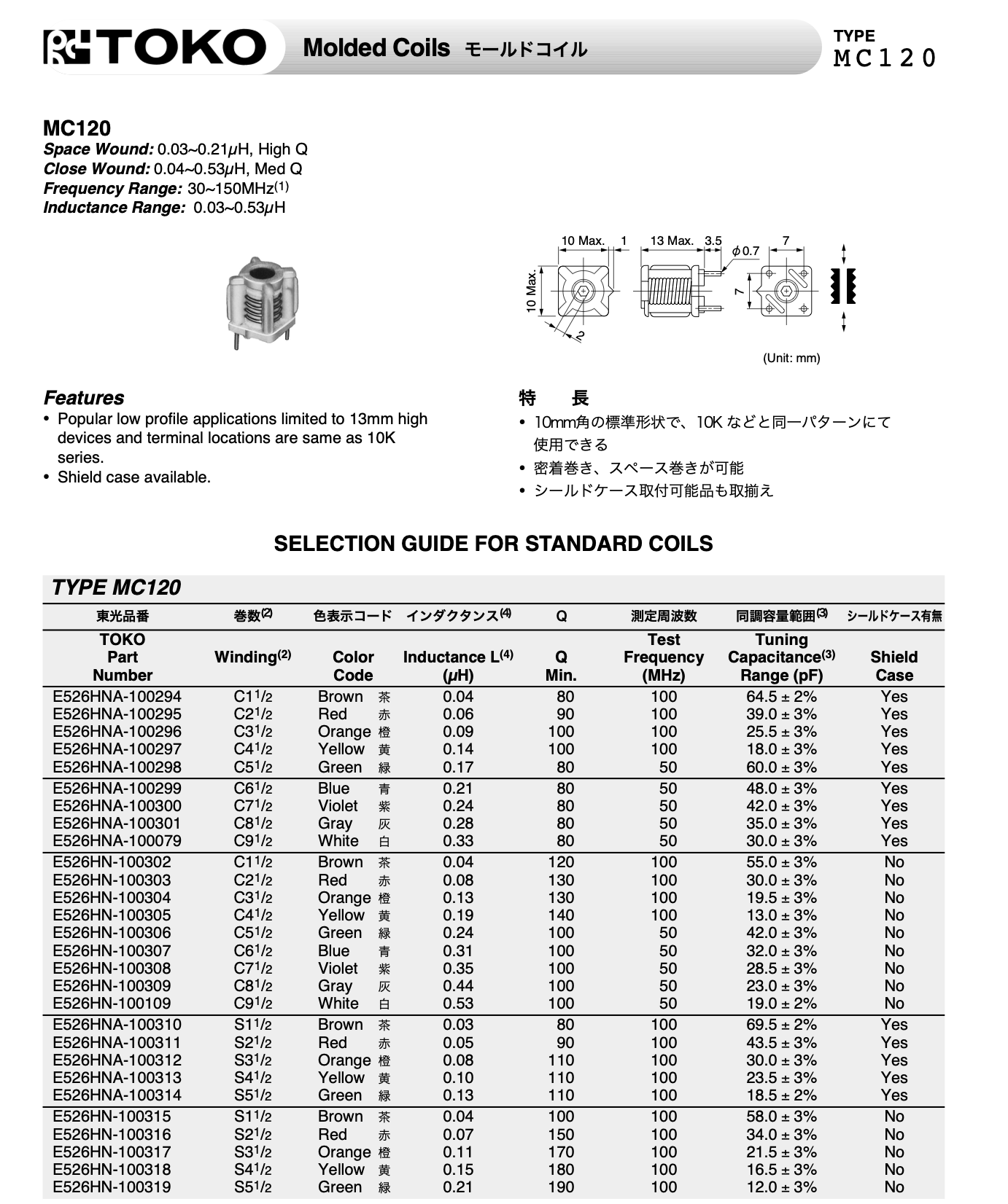 Toko, MC120, 10 mm Tunable RF Inductors, Closewound, 35-00774, 240nH, 105Q@50nM, 7.5T, bag of 2