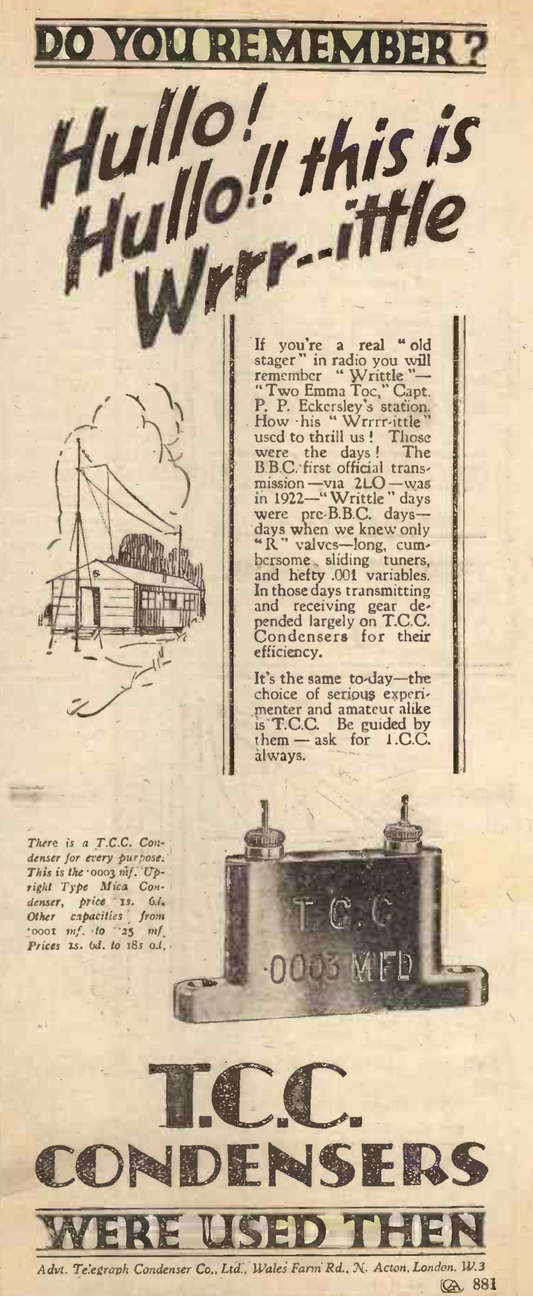TCC, FLAT TYPE, MICA CONDENSER, 0.0003UF @ 500V, BAKELITE BODY, 1927