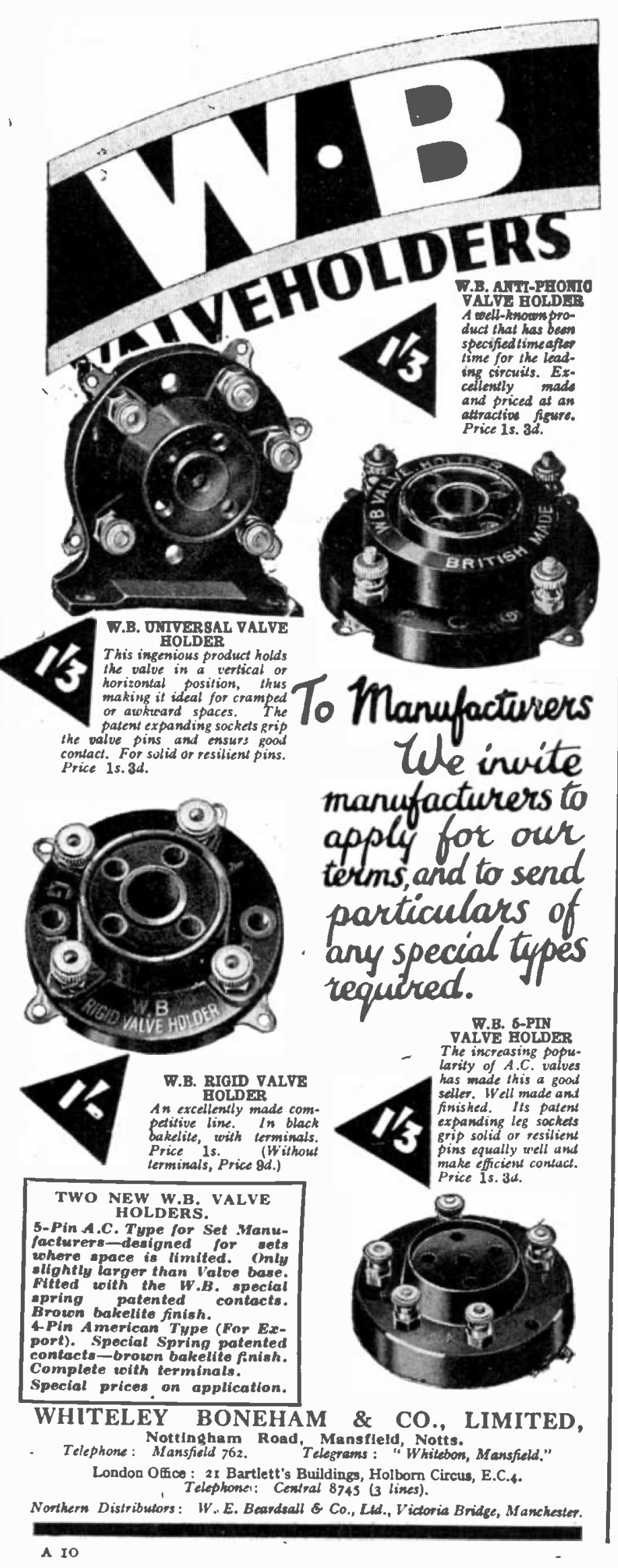 WHITELEY BONEHAM ,WB, ANTIMICROPHONIC, B5, BRITISH 5 PIN ,BAKELITE VALVE HOLDER, 1929