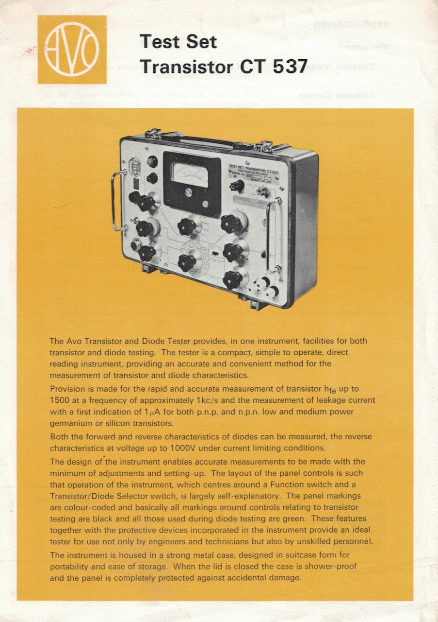AVO, CT537, TRANSISTOR TEST SET, BROCHURE