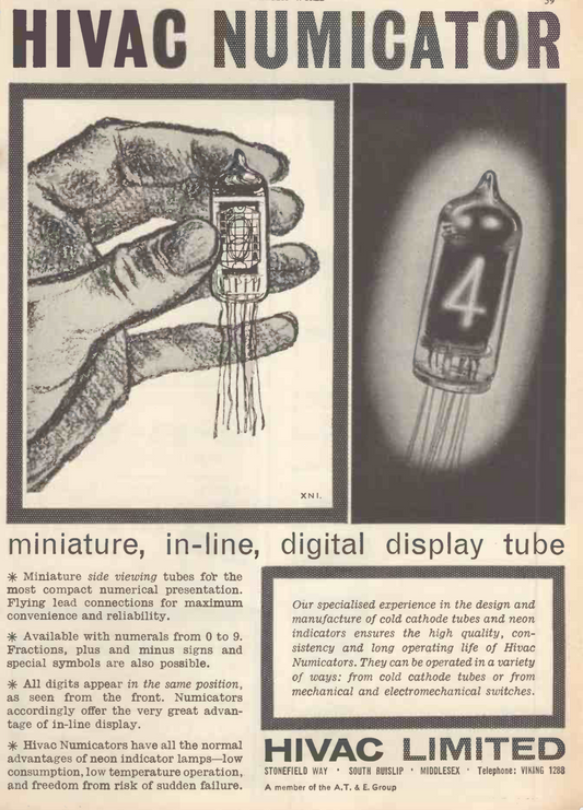 XN3, Hivac, Numicator, Nixie, Numeric  Valve, Wire Ended, New Unused