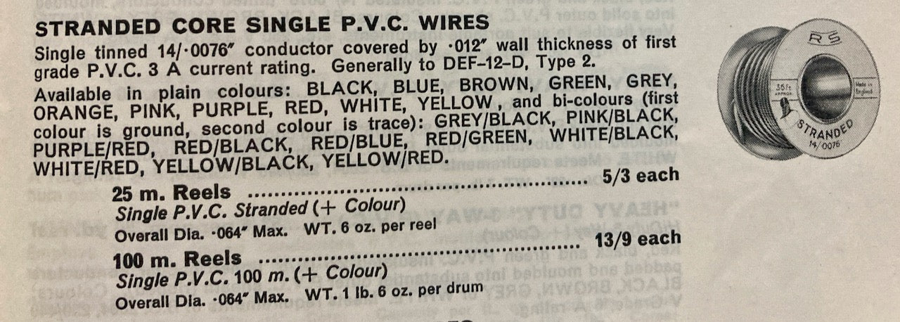 RS, RADIOSPARES, GREY/BLACK STRIPE, STRANDED WIRE, 36 FT, 2 INS DIA TIN REEL, PART USED AS SHOWN
