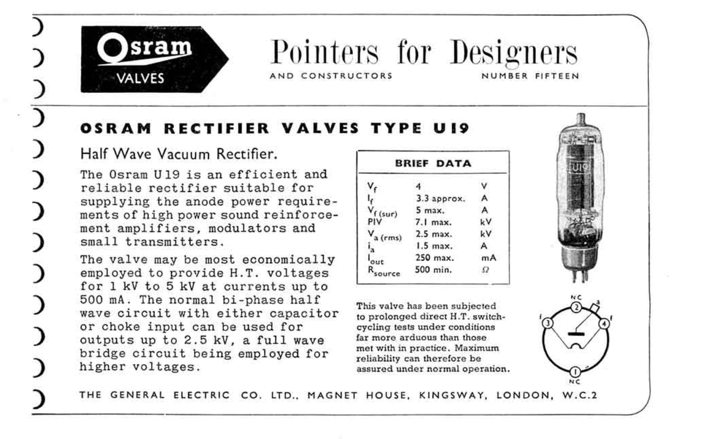 U19, OSRAM, NEW BOXED, HW RECTIFIER, BROWN BASE, CV187, CV1508, U23, V1913, 10E/520, HAMMERSMITH AUGUST 1961 PRODUCTION