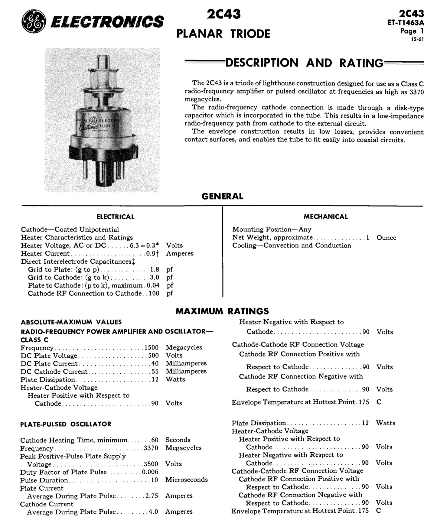 2C43, GE, LIGHTHOUSE TRIODE, NEW