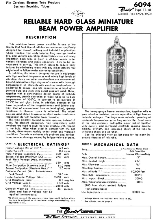 6094 BENDIX, MATCHED PAIR, TE-18, REDBANK PENTODE MIL SPEC 6AQ5 6005 USED AS ALTERNATIVE TO EL84 7189 NEW BULK PACKED