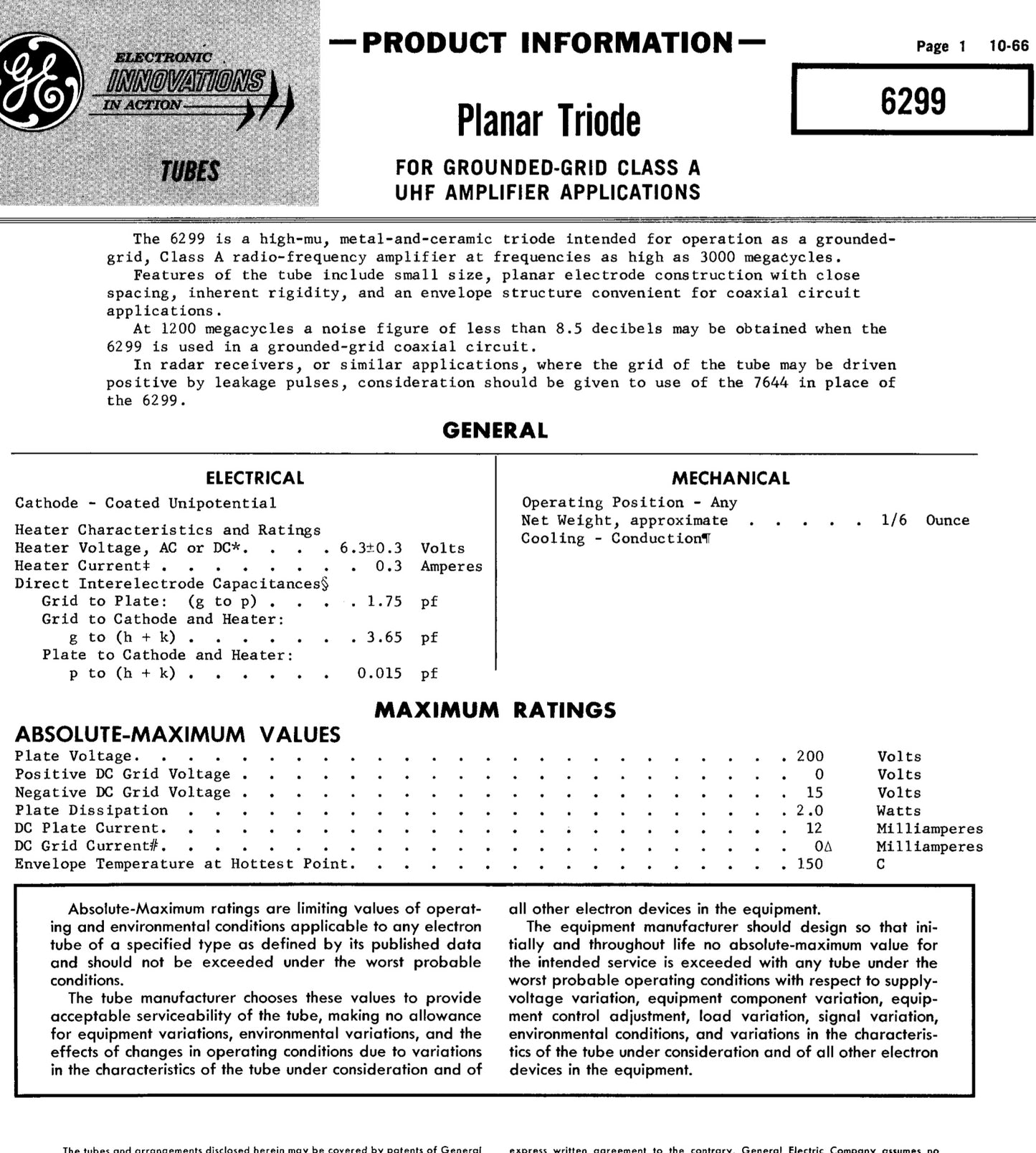 6299, GE, PLANAR TRIODE,