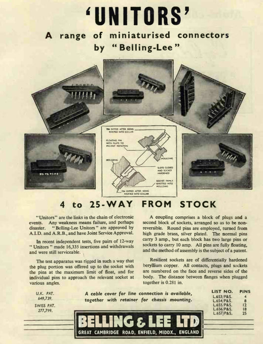 BELLING LEE, UNITOR, L654, L654/R, CHASSIS MOUNT, 8 WAY SOCKET, AIR MINISTRY, PYE , MALE PIN, FEMALE RECEPTACLE, EX EQUIPT