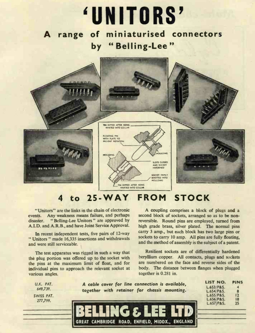 BELLING LEE, UNITOR, L653, L653/S CABLE MOUNT, 4 WAY SOCKET, AIR MINISTRY, PYE , FEMALE PIN, MALE RECEPTACLE, EX EQUIPT