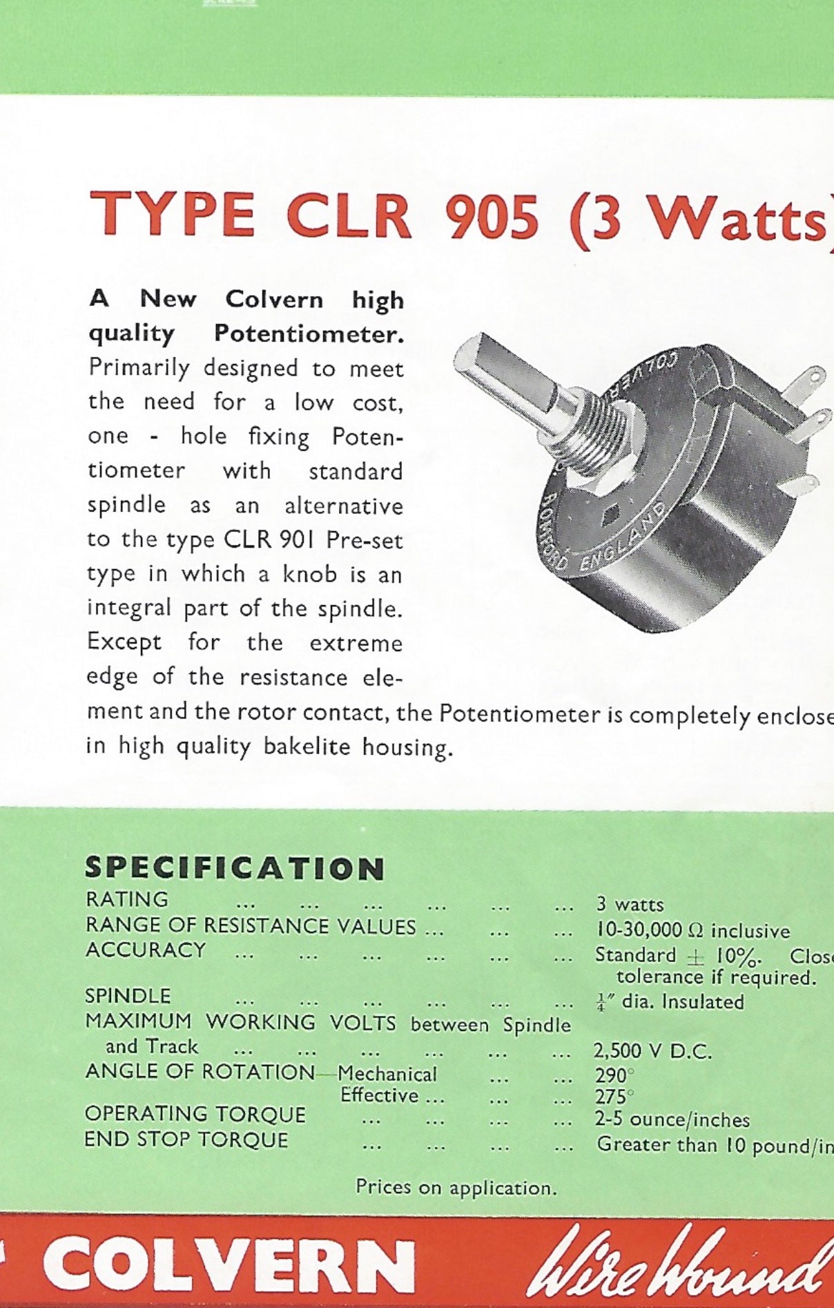 COLVERN, CLR, WIRE WOUND POTENTIOMETERS, VINTAGE NOS, 5K, 5000 OHM,