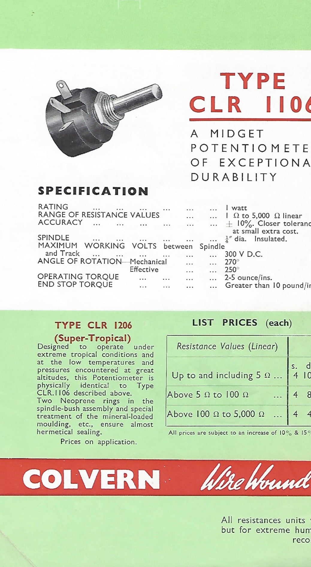 COLVERN, CLR 1106, 2500R, 2k5, OHMS, 1W, WIREWOUND POTENTIOMETERS NOS