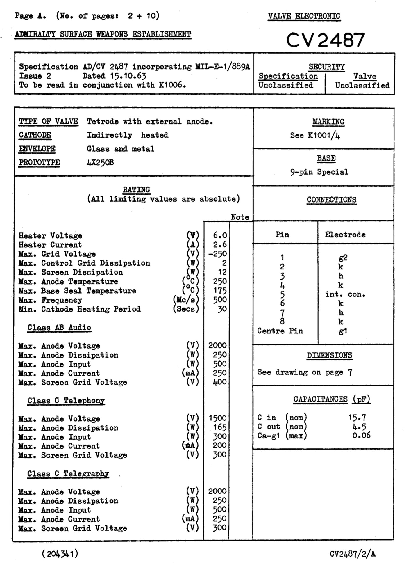 CV2487, STC  4X250B QV2-250B, NEW, SAME BATCH CODE, EX MILITARY, PAIGNTON MANUFACTURE