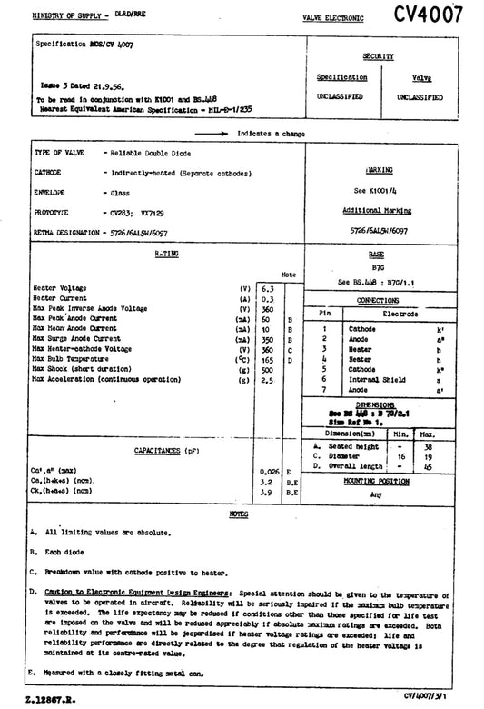 CV4007, EB91, 6AL5, 6058, MILITARY GRADE NEW OLD STOCK VALVE