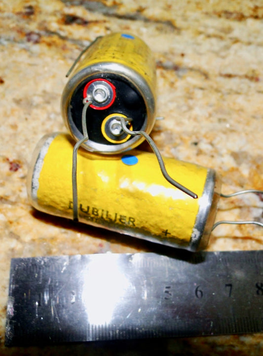 DUBILIER DRILYTIC TYPE BR 32 + 16uF 350V DUAL SECTION AXIAL ELECTROLYTIC CAPACITORS