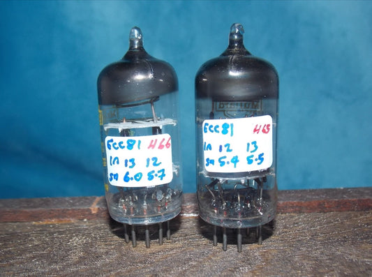 ECC81, MULLARD , YELLOW PRINT, MATCHED PAIR, SAME STAMPING CODE MG, BLACKBURN, 1965 MANUFACTURE